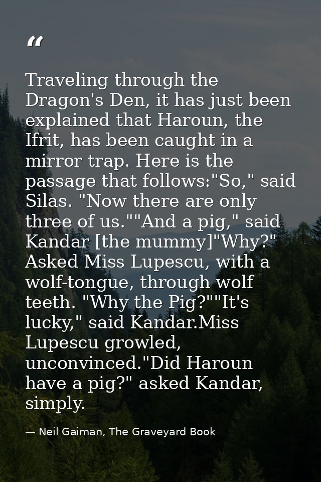 Traveling through the Dragon's Den, it has just been explained that Haroun, the Ifrit, has been caught in a mirror trap. — Neil Gaiman, The Graveyard Book