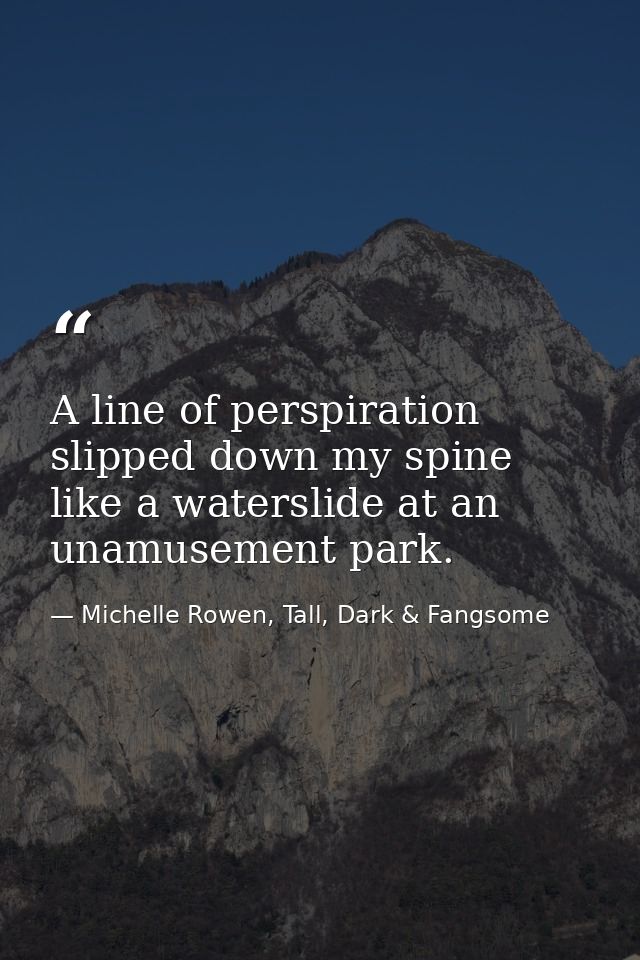 A line of perspiration slipped down my spine like a waterslide at an unamusement park. — Michelle Rowen, Tall, Dark & Fangsome