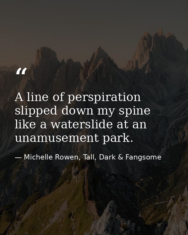 A line of perspiration slipped down my spine like a waterslide at an unamusement park. — Michelle Rowen, Tall, Dark & Fangsome