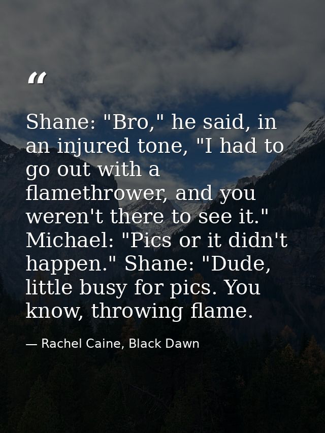 Shane: "Bro," he said, in an injured tone, "I had to go out with a flamethrower, and you weren't there to see it." Micha — Rachel Caine, Black Dawn