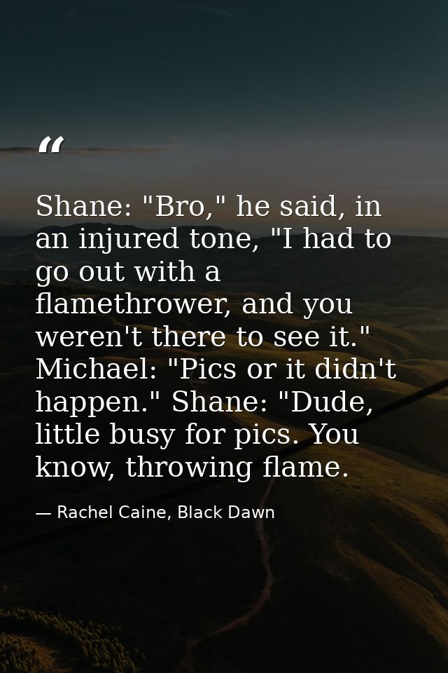 Shane: "Bro," he said, in an injured tone, "I had to go out with a flamethrower, and you weren't there to see it." Micha — Rachel Caine, Black Dawn