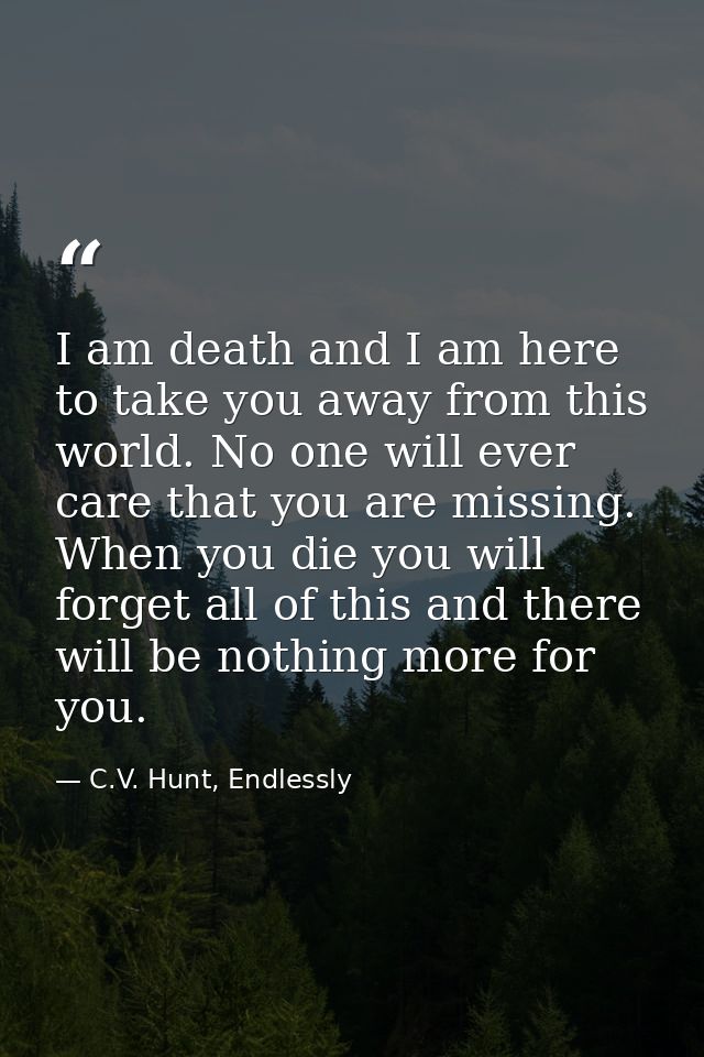 I am death and I am here to take you away from this world. No one will ever care that you are missing. When you die you  — C.V. Hunt, Endlessly