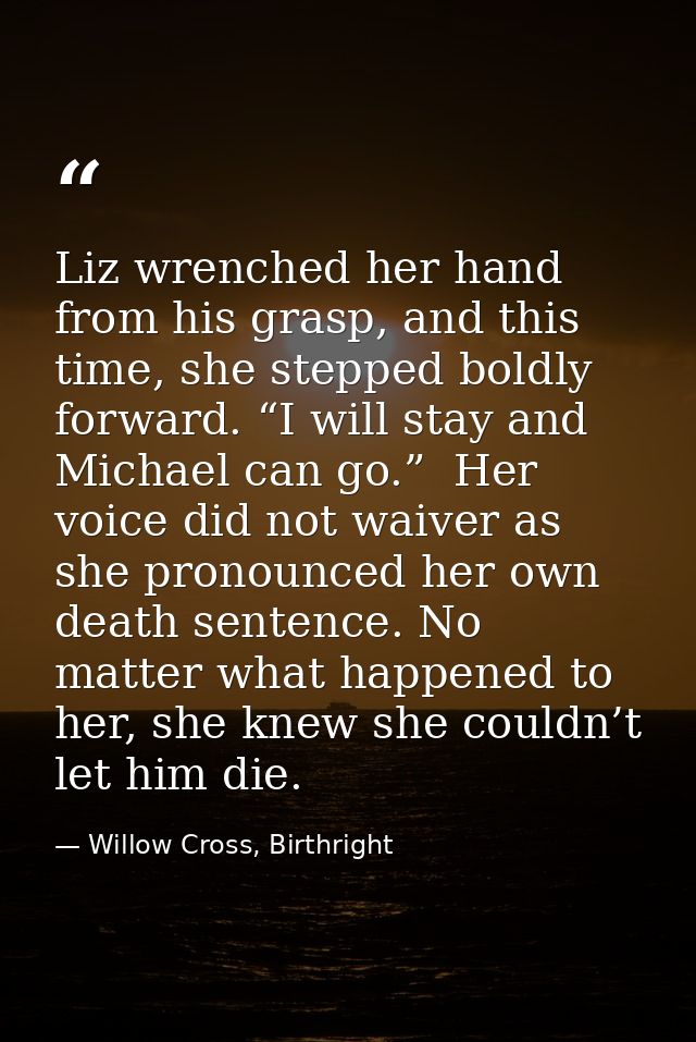 Liz wrenched her hand from his grasp, and this time, she stepped boldly forward. “I will stay and Michael can go.”  Her  — Willow Cross, Birthright