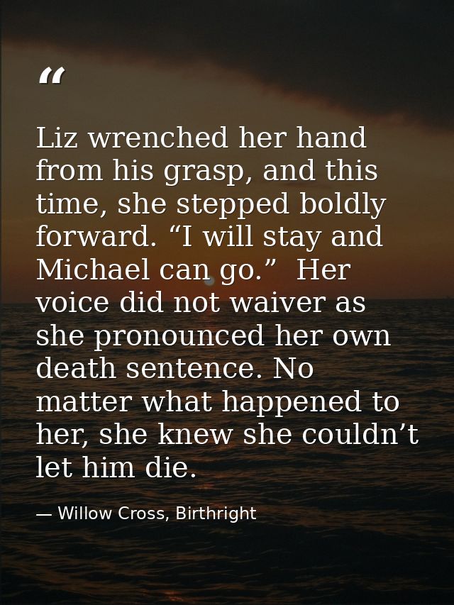 Liz wrenched her hand from his grasp, and this time, she stepped boldly forward. “I will stay and Michael can go.”  Her  — Willow Cross, Birthright