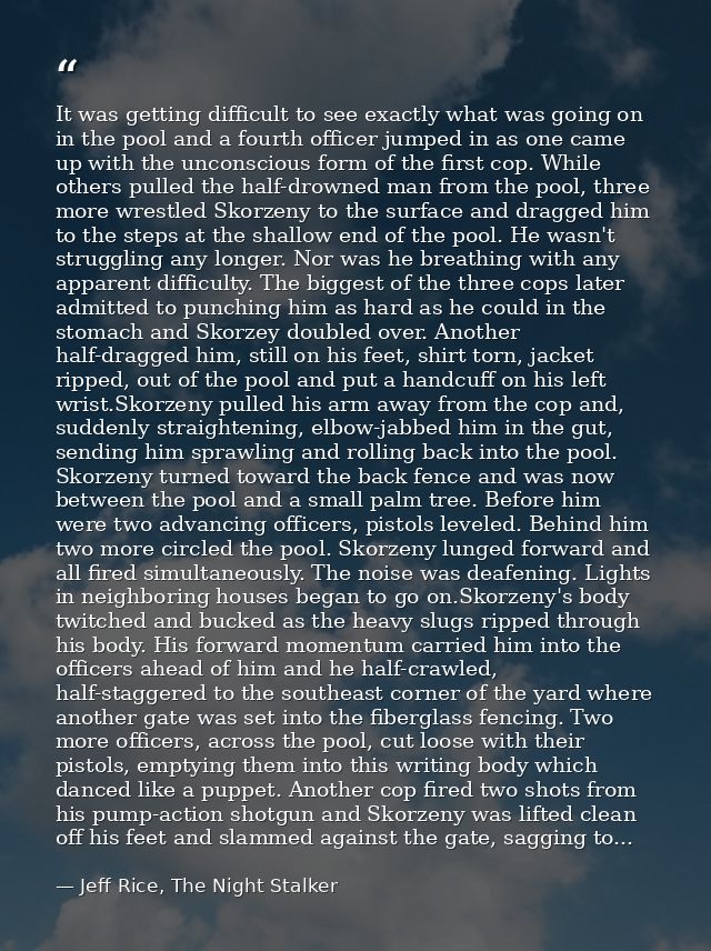 It was getting difficult to see exactly what was going on in the pool and a fourth officer jumped in as one came up with — Jeff Rice, The Night Stalker