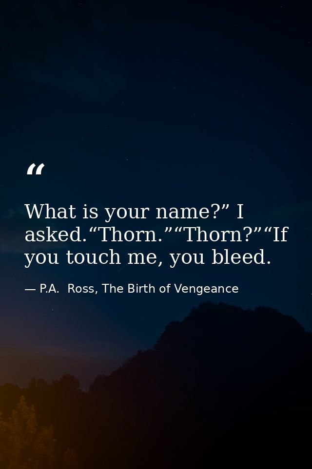 What is your name?” I asked.“Thorn.”“Thorn?”“If you touch me, you bleed. — P.A.  Ross, The Birth of Vengeance