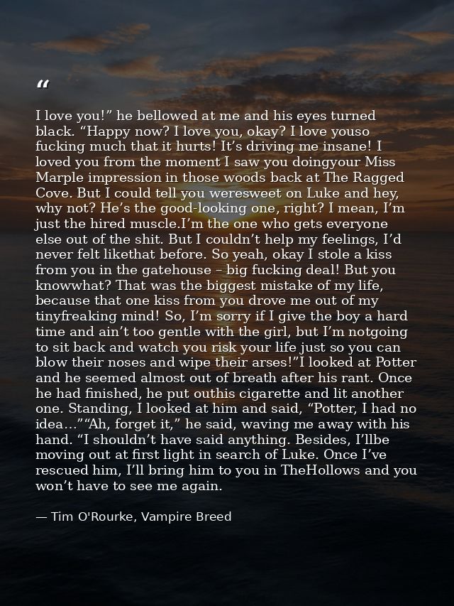 I love you!” he bellowed at me and his eyes turned black. “Happy now? I love you, okay? I love youso fucking much that i — Tim O'Rourke, Vampire Breed