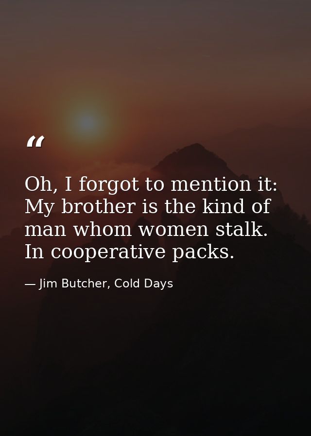 Oh, I forgot to mention it: My brother is the kind of man whom women stalk. In cooperative packs. — Jim Butcher, Cold Days