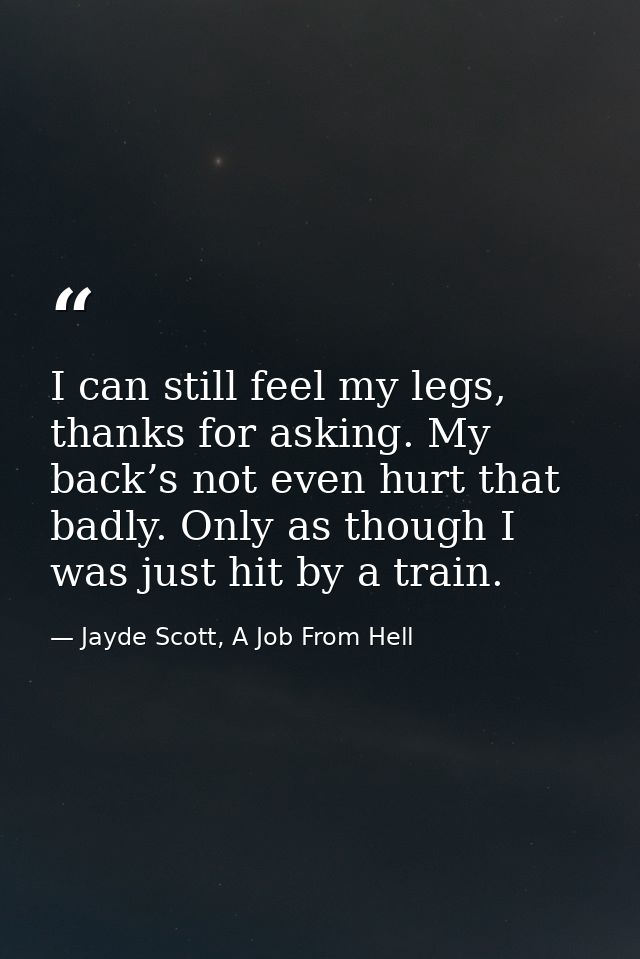 I can still feel my legs, thanks for asking. My back’s not even hurt that badly. Only as though I was just hit by a trai — Jayde Scott, A Job From Hell