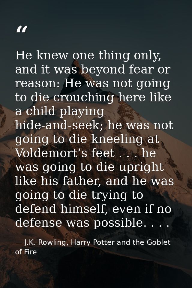 He knew one thing only, and it was beyond fear or reason: He was not going to die crouching here like a child playing hi — J.K. Rowling, Harry Potter and the Goblet of Fire