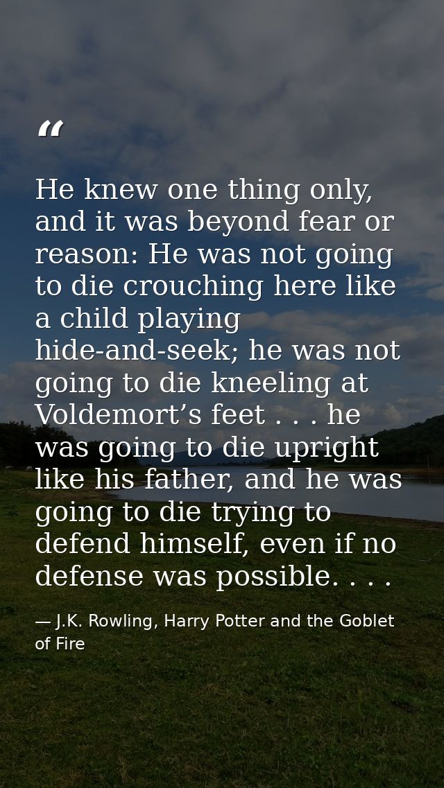 He knew one thing only, and it was beyond fear or reason: He was not going to die crouching here like a child playing hi — J.K. Rowling, Harry Potter and the Goblet of Fire