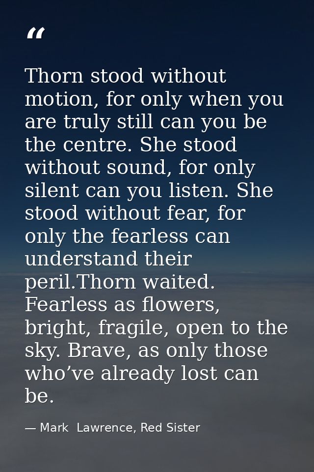 Thorn stood without motion, for only when you are truly still can you be the centre. She stood without sound, for only s — Mark  Lawrence, Red Sister