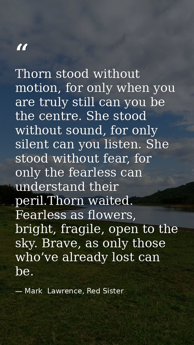 Thorn stood without motion, for only when you are truly still can you be the centre. She stood without sound, for only s — Mark  Lawrence, Red Sister
