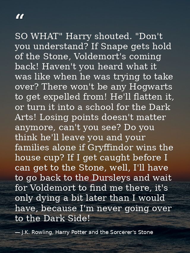 SO WHAT" Harry shouted. "Don't you understand? If Snape gets hold of the Stone, Voldemort's coming back! Haven't you hea — J.K. Rowling, Harry Potter and the Sorcerer's Stone