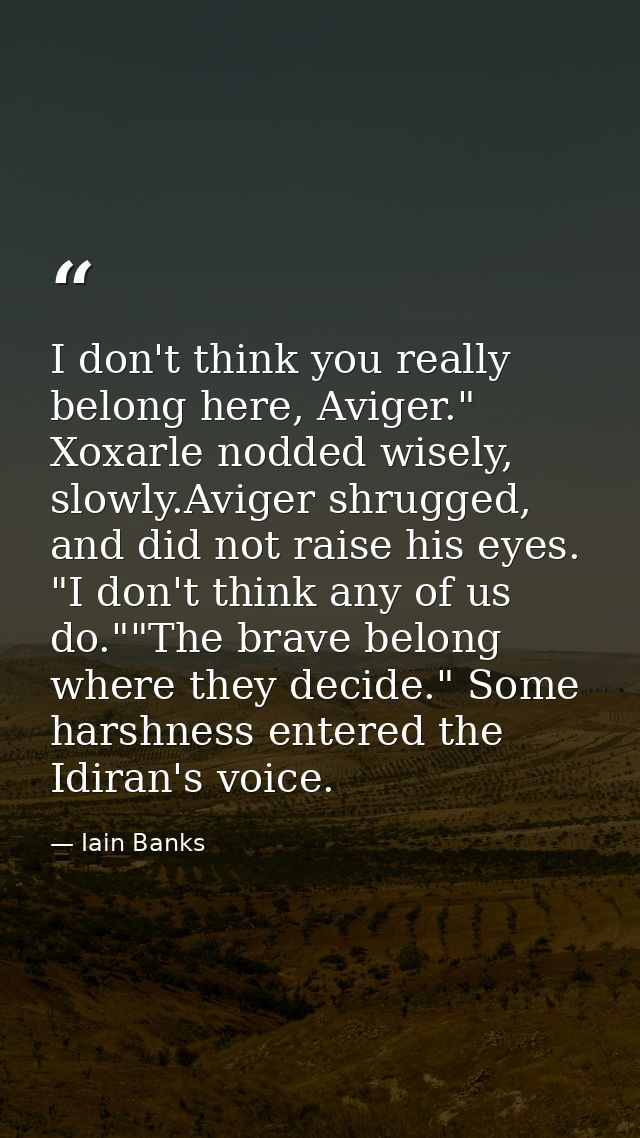 I don't think you really belong here, Aviger." Xoxarle nodded wisely, slowly.Aviger shrugged, and did not raise his eyes — Iain Banks