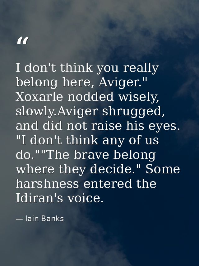 I don't think you really belong here, Aviger." Xoxarle nodded wisely, slowly.Aviger shrugged, and did not raise his eyes — Iain Banks