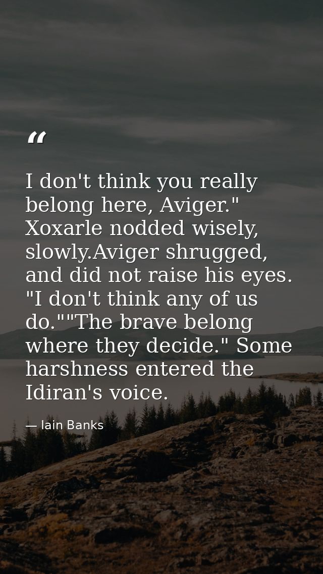 I don't think you really belong here, Aviger." Xoxarle nodded wisely, slowly.Aviger shrugged, and did not raise his eyes — Iain Banks