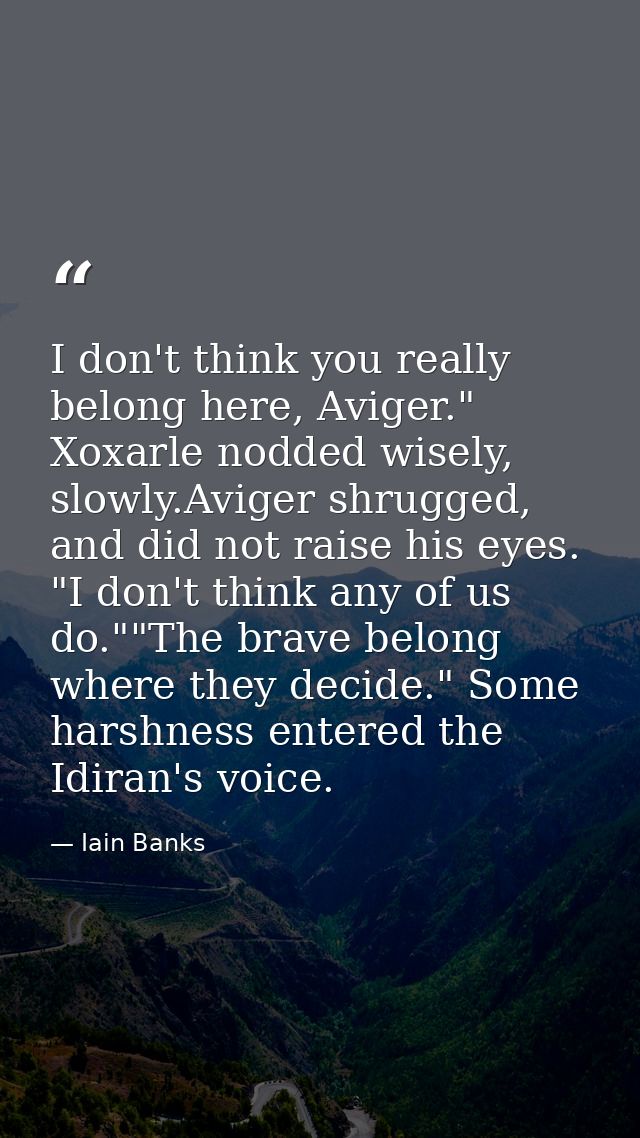 I don't think you really belong here, Aviger." Xoxarle nodded wisely, slowly.Aviger shrugged, and did not raise his eyes — Iain Banks