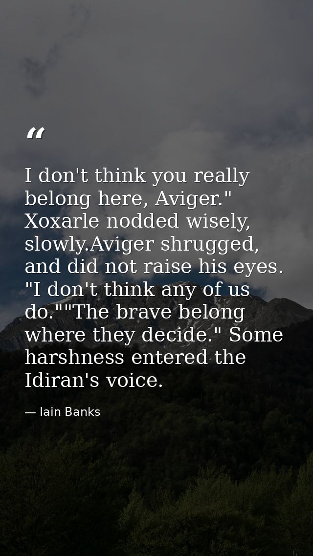I don't think you really belong here, Aviger." Xoxarle nodded wisely, slowly.Aviger shrugged, and did not raise his eyes — Iain Banks