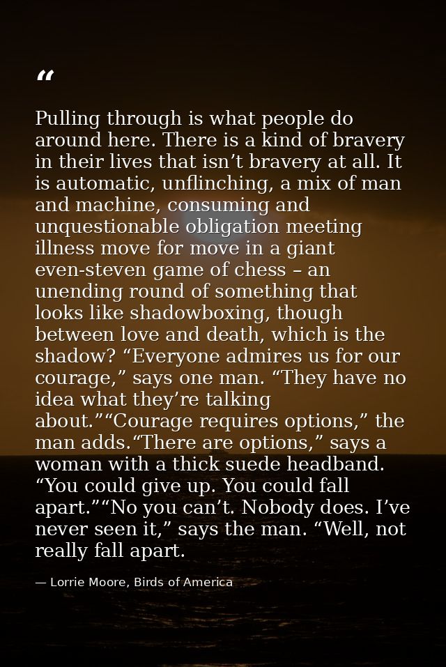 Pulling through is what people do around here. There is a kind of bravery in their lives that isn’t bravery at all. It i — Lorrie Moore, Birds of America