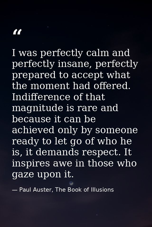 I was perfectly calm and perfectly insane, perfectly prepared to accept what the moment had offered. Indifference of tha — Paul Auster, The Book of Illusions