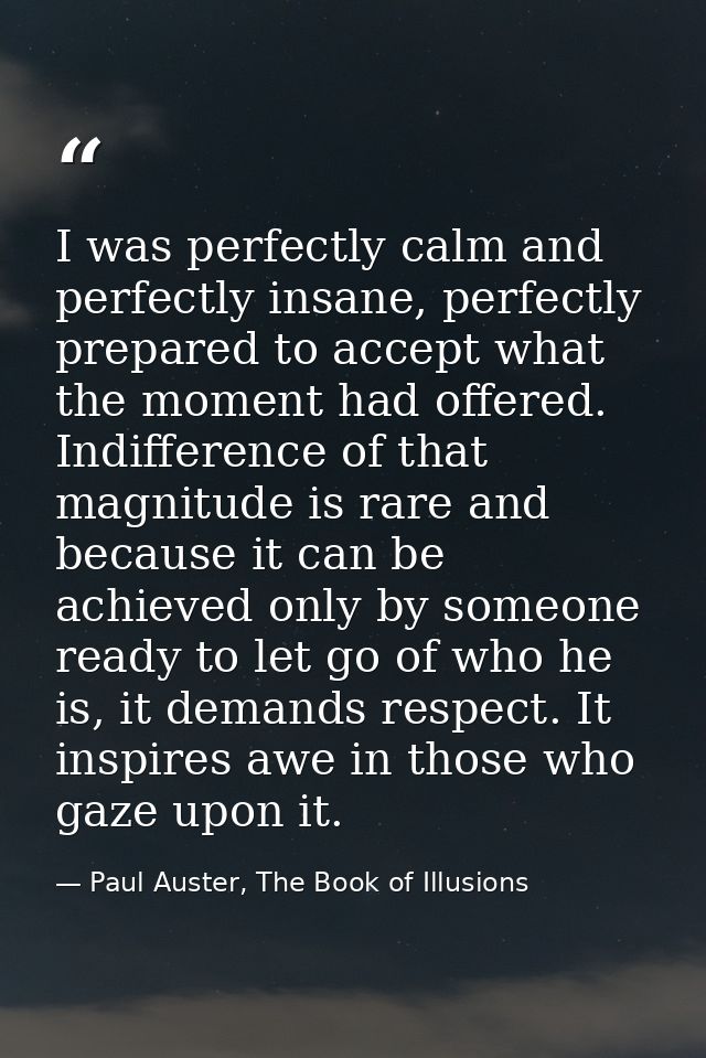 I was perfectly calm and perfectly insane, perfectly prepared to accept what the moment had offered. Indifference of tha — Paul Auster, The Book of Illusions