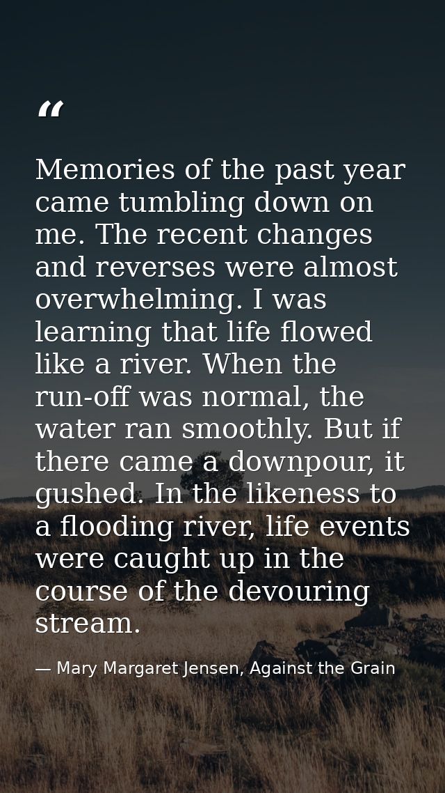 Memories of the past year came tumbling down on me. The recent changes and reverses were almost overwhelming. I was lear — Mary Margaret Jensen, Against the Grain
