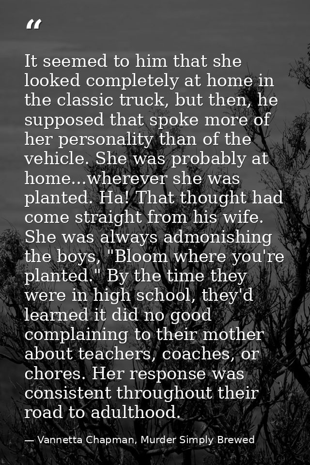 It seemed to him that she looked completely at home in the classic truck, but then, he supposed that spoke more of her p — Vannetta Chapman, Murder Simply Brewed