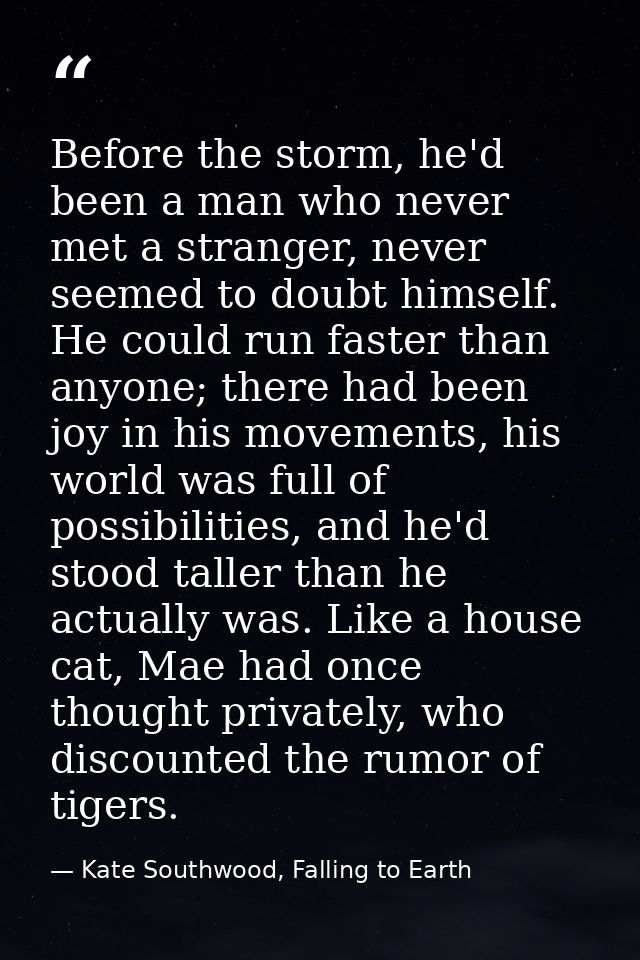 Before the storm, he'd been a man who never met a stranger, never seemed to doubt himself. He could run faster than anyo — Kate Southwood, Falling to Earth