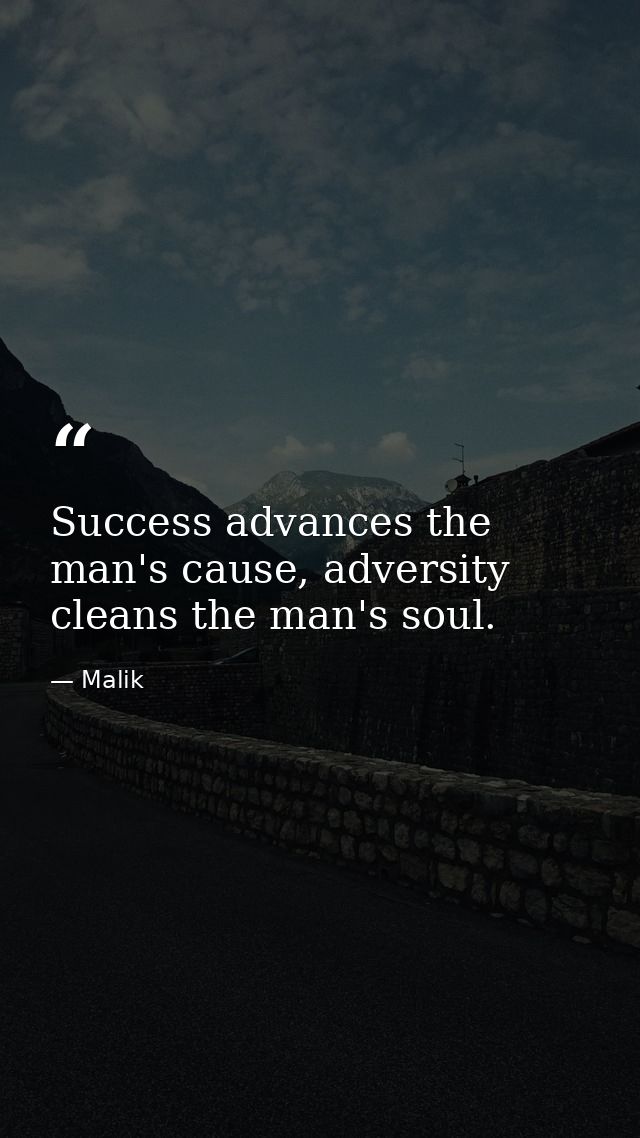 Success advances the man's cause, adversity cleans the man's soul. — Malik