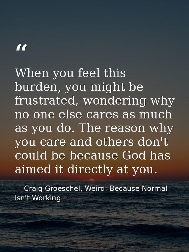 When you feel this burden, you might be frustrated, wondering why no one else cares as much as you do. The reason why yo — Craig Groeschel, Weird: Because Normal Isn't Working