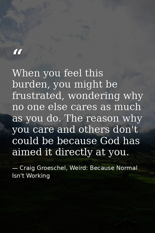 When you feel this burden, you might be frustrated, wondering why no one else cares as much as you do. The reason why yo — Craig Groeschel, Weird: Because Normal Isn't Working