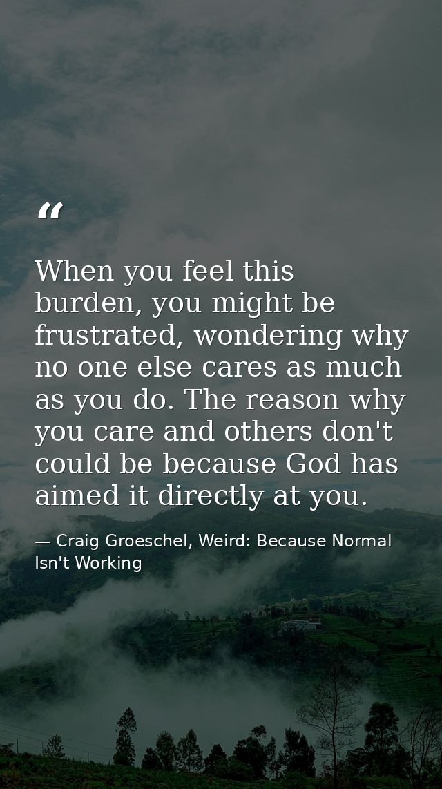 When you feel this burden, you might be frustrated, wondering why no one else cares as much as you do. The reason why yo — Craig Groeschel, Weird: Because Normal Isn't Working