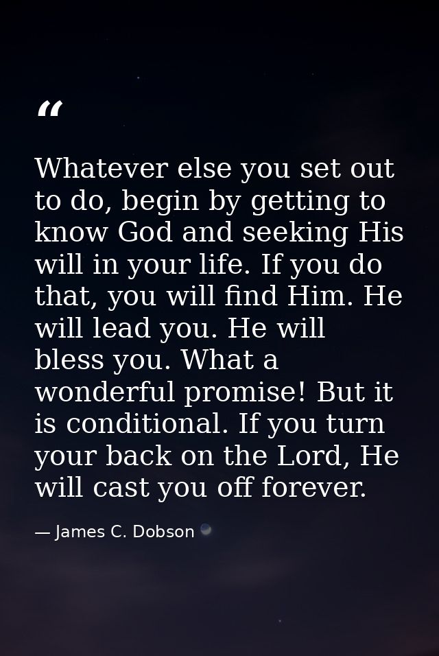 Whatever else you set out to do, begin by getting to know God and seeking His will in your life. If you do that, you wil — James C. Dobson