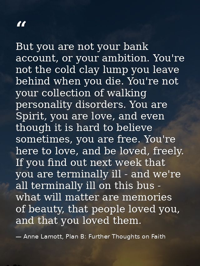 But you are not your bank account, or your ambition. You're not the cold clay lump you leave behind when you die. You're — Anne Lamott, Plan B: Further Thoughts on Faith