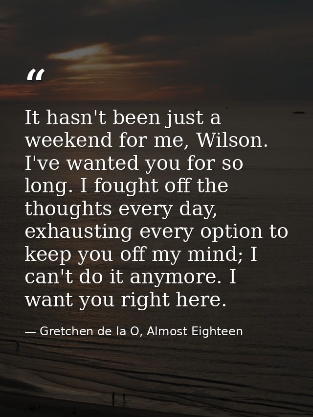 It hasn't been just a weekend for me, Wilson. I've wanted you for so long. I fought off the thoughts every day, exhausti — Gretchen de la O, Almost Eighteen