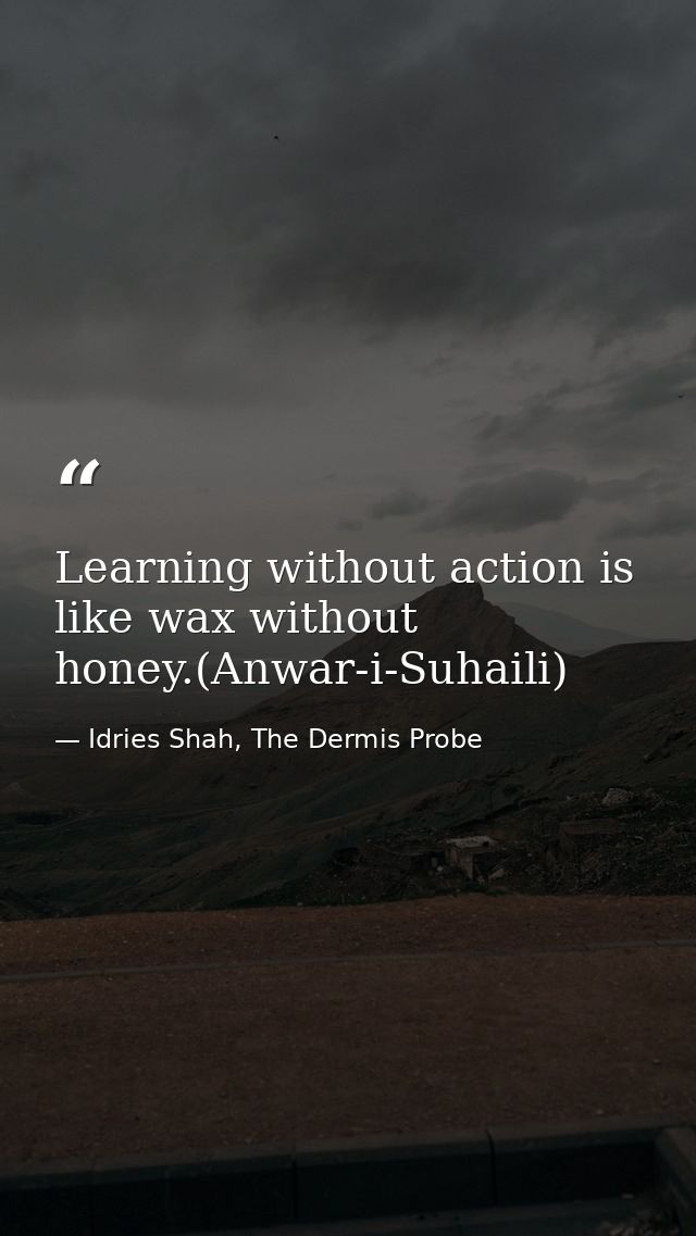 Learning without action is like wax without honey.(Anwar-i-Suhaili) — Idries Shah, The Dermis Probe