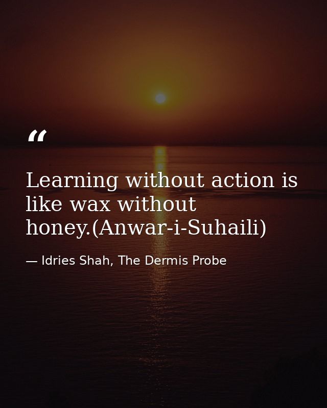 Learning without action is like wax without honey.(Anwar-i-Suhaili) — Idries Shah, The Dermis Probe