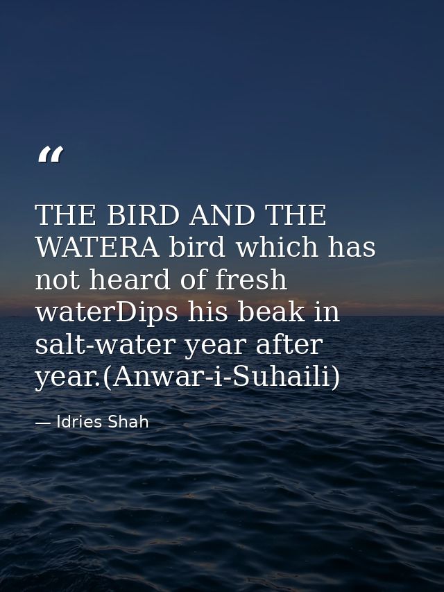 THE BIRD AND THE WATERA bird which has not heard of fresh waterDips his beak in salt-water year after year.(Anwar-i-Suha — Idries Shah