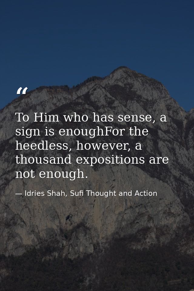 To Him who has sense, a sign is enoughFor the heedless, however, a thousand expositions are not enough. — Idries Shah, Sufi Thought and Action