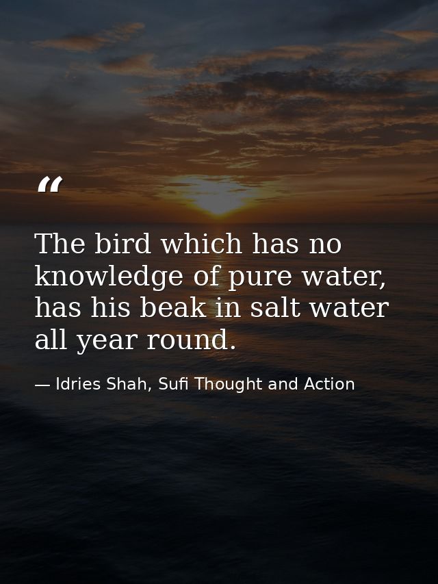 The bird which has no knowledge of pure water, has his beak in salt water all year round. — Idries Shah, Sufi Thought and Action
