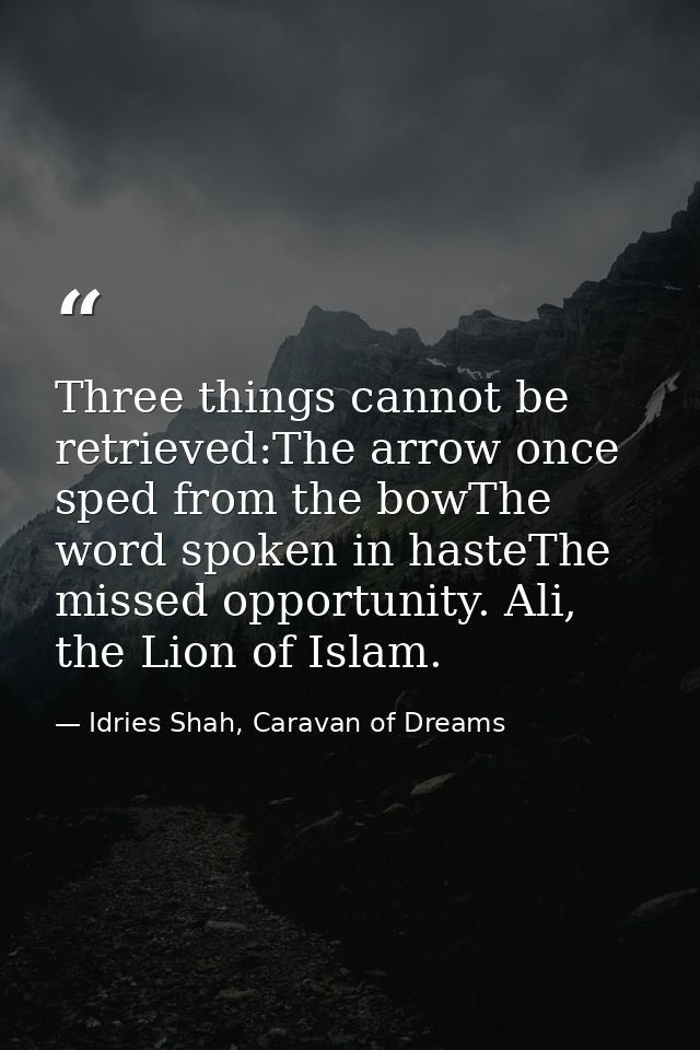Three things cannot be retrieved:The arrow once sped from the bowThe word spoken in hasteThe missed opportunity. Ali, th — Idries Shah, Caravan of Dreams