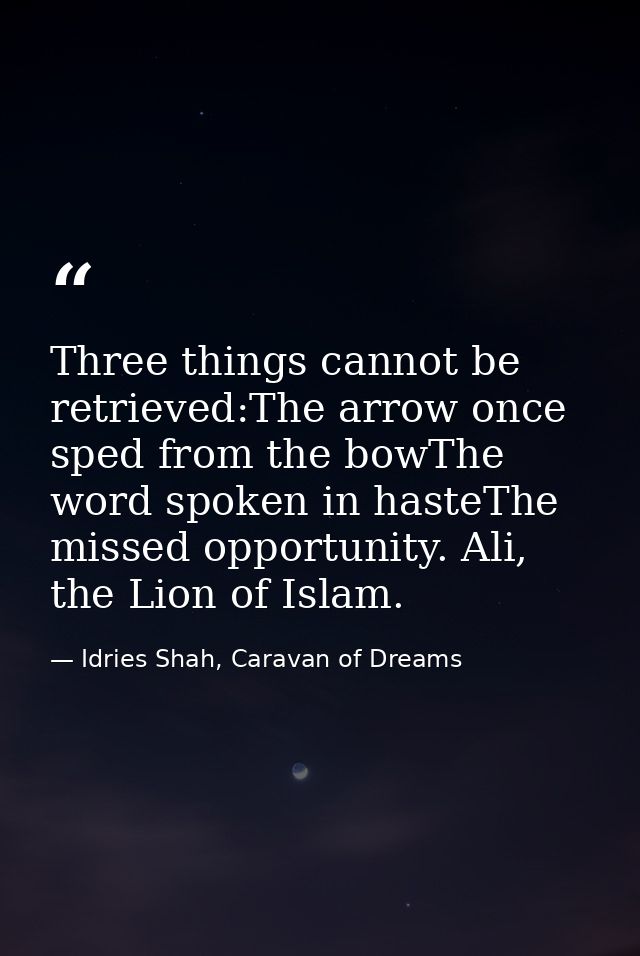 Three things cannot be retrieved:The arrow once sped from the bowThe word spoken in hasteThe missed opportunity. Ali, th — Idries Shah, Caravan of Dreams