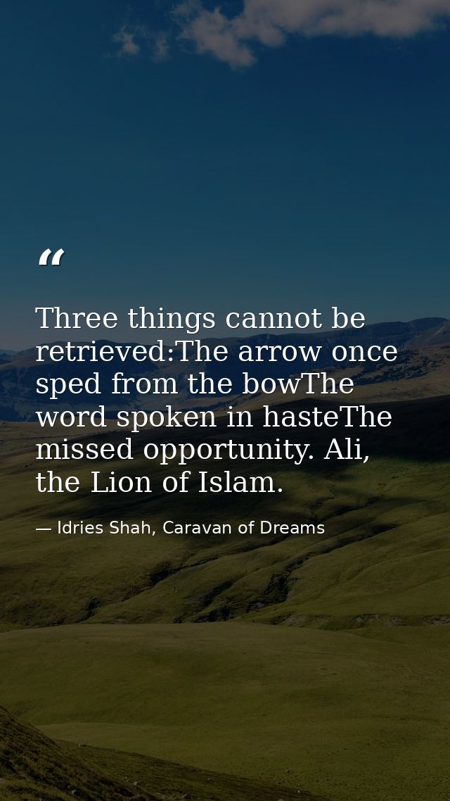Three things cannot be retrieved:The arrow once sped from the bowThe word spoken in hasteThe missed opportunity. Ali, th — Idries Shah, Caravan of Dreams