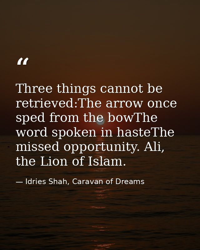 Three things cannot be retrieved:The arrow once sped from the bowThe word spoken in hasteThe missed opportunity. Ali, th — Idries Shah, Caravan of Dreams