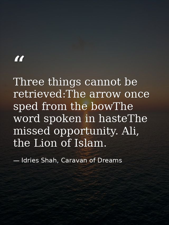 Three things cannot be retrieved:The arrow once sped from the bowThe word spoken in hasteThe missed opportunity. Ali, th — Idries Shah, Caravan of Dreams