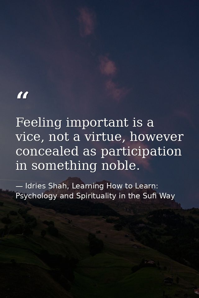 Feeling important is a vice, not a virtue, however concealed as participation in something noble. — Idries Shah, Learning How to Learn: Psychology and Spirituality in the Sufi Way