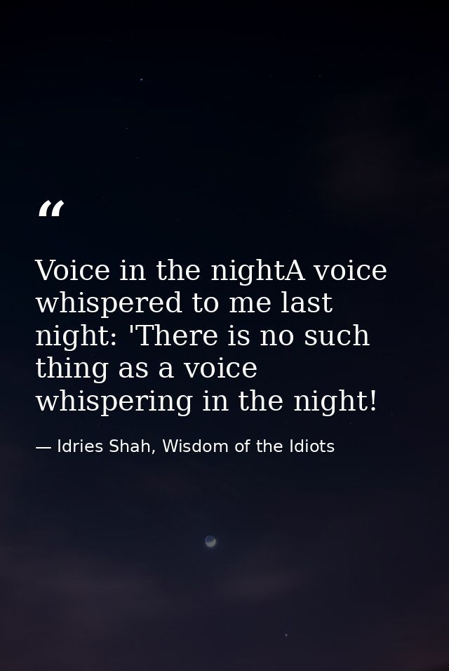 Voice in the nightA voice whispered to me last night: 'There is no such thing as a voice whispering in the night! — Idries Shah, Wisdom of the Idiots