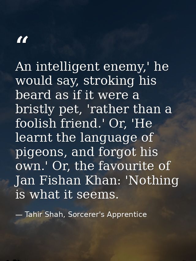 An intelligent enemy,' he would say, stroking his beard as if it were a bristly pet, 'rather than a foolish friend.' Or, — Tahir Shah, Sorcerer's Apprentice