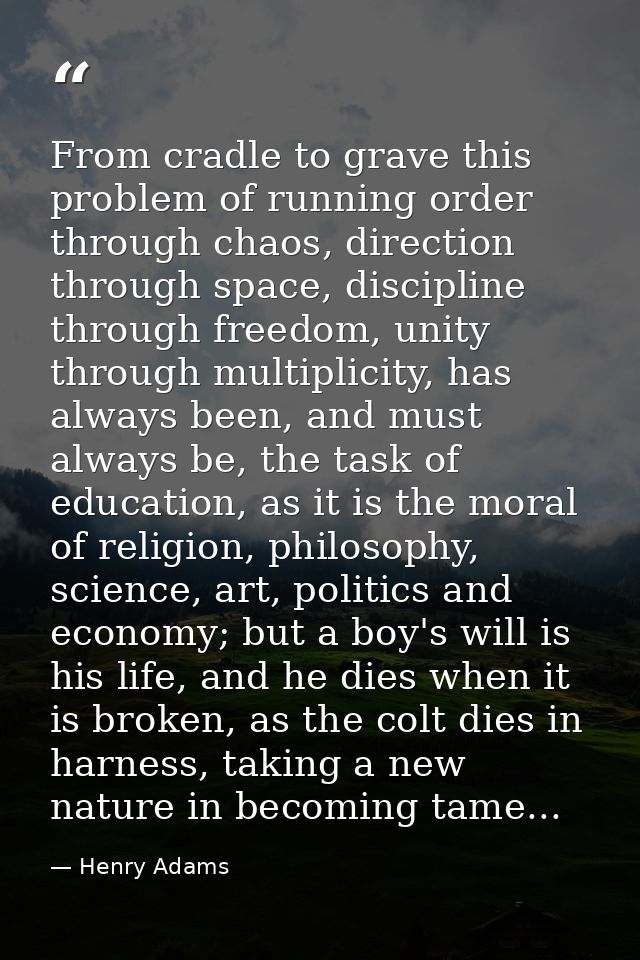 From cradle to grave this problem of running order through chaos, direction through space, discipline through freedom, u — Henry Adams